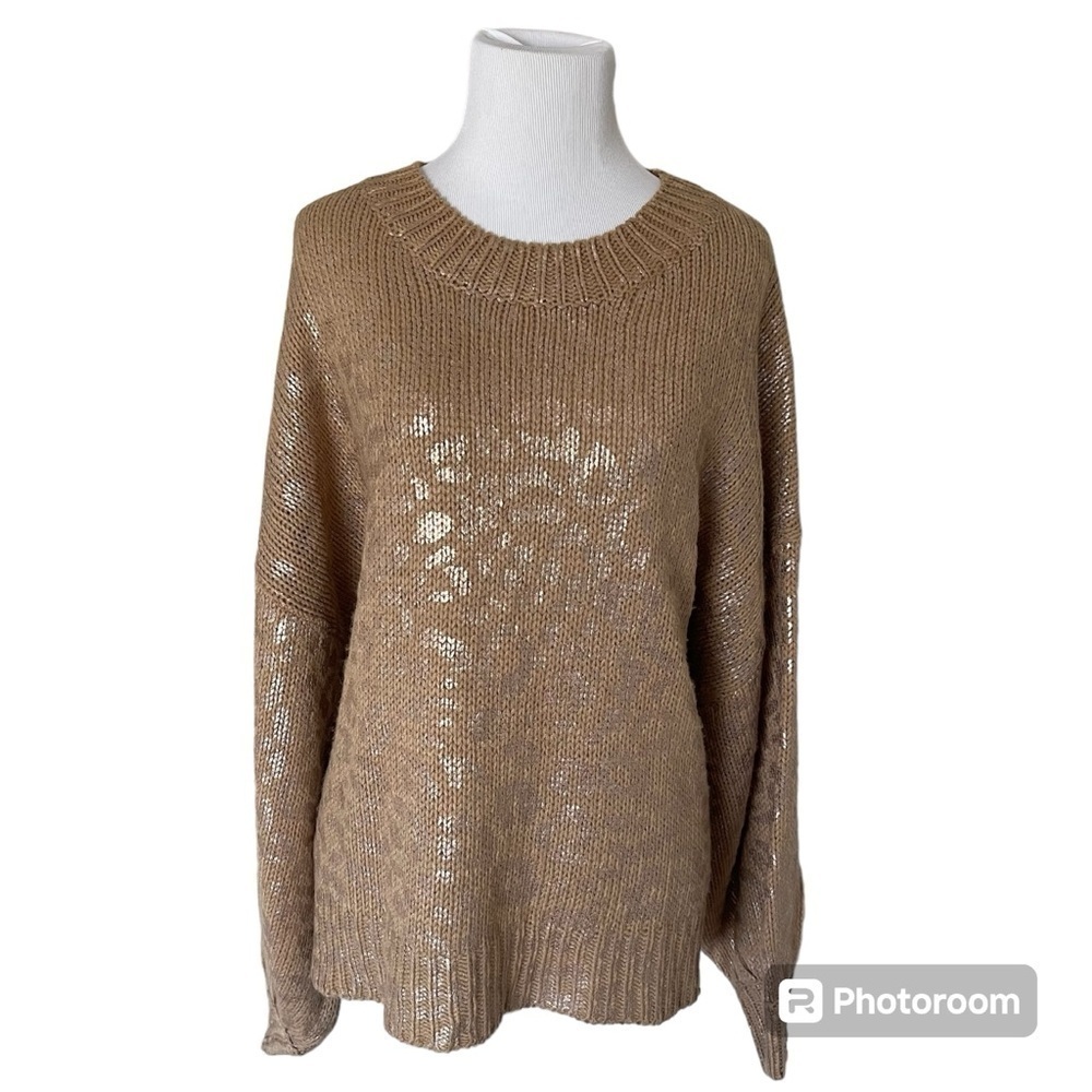 Tan Metallic Leopard Print Knit Sweater